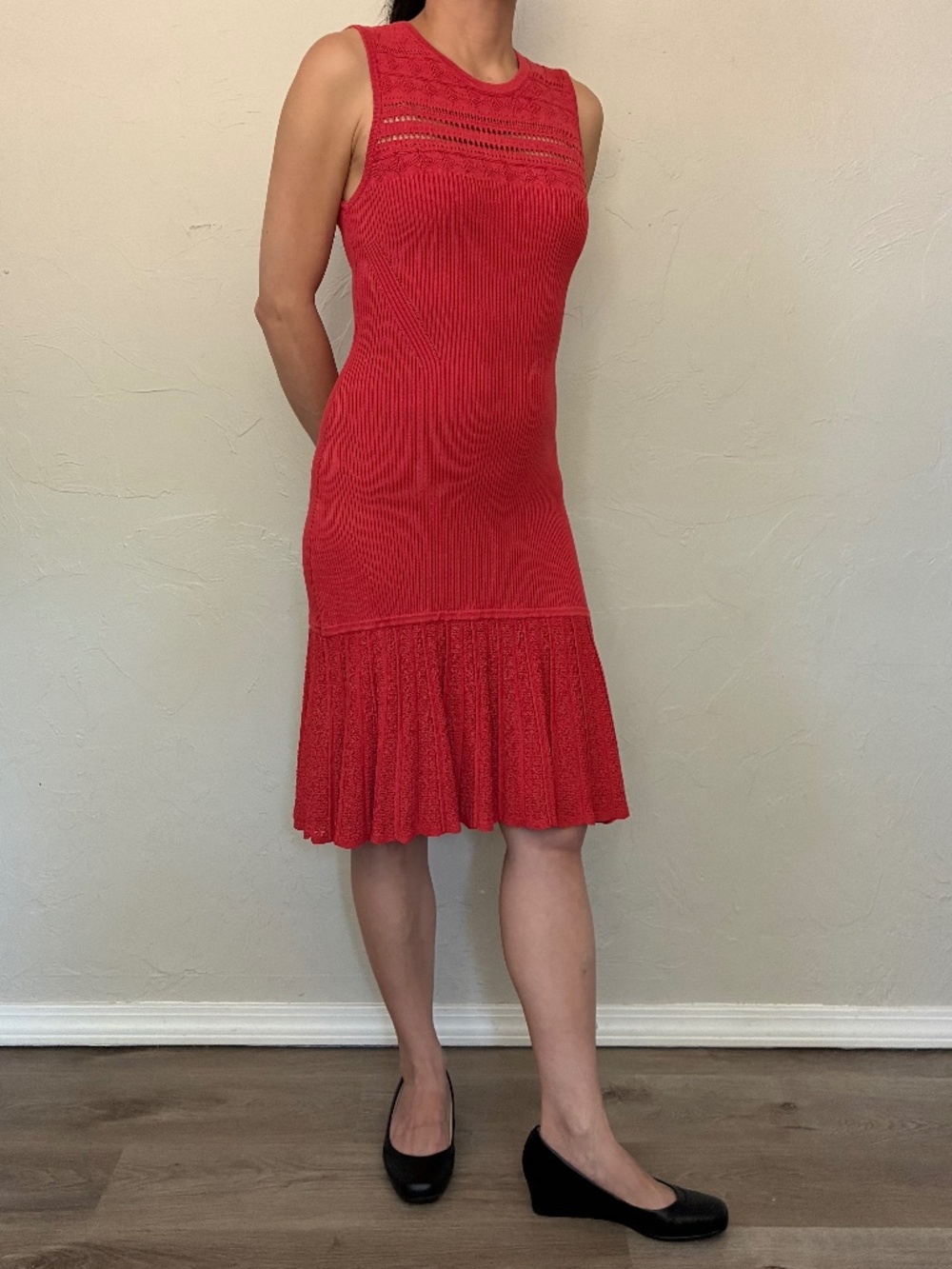 Bailey 44 Evalina Red Stretch Crochet Knit Body Con Flounce Dress XS